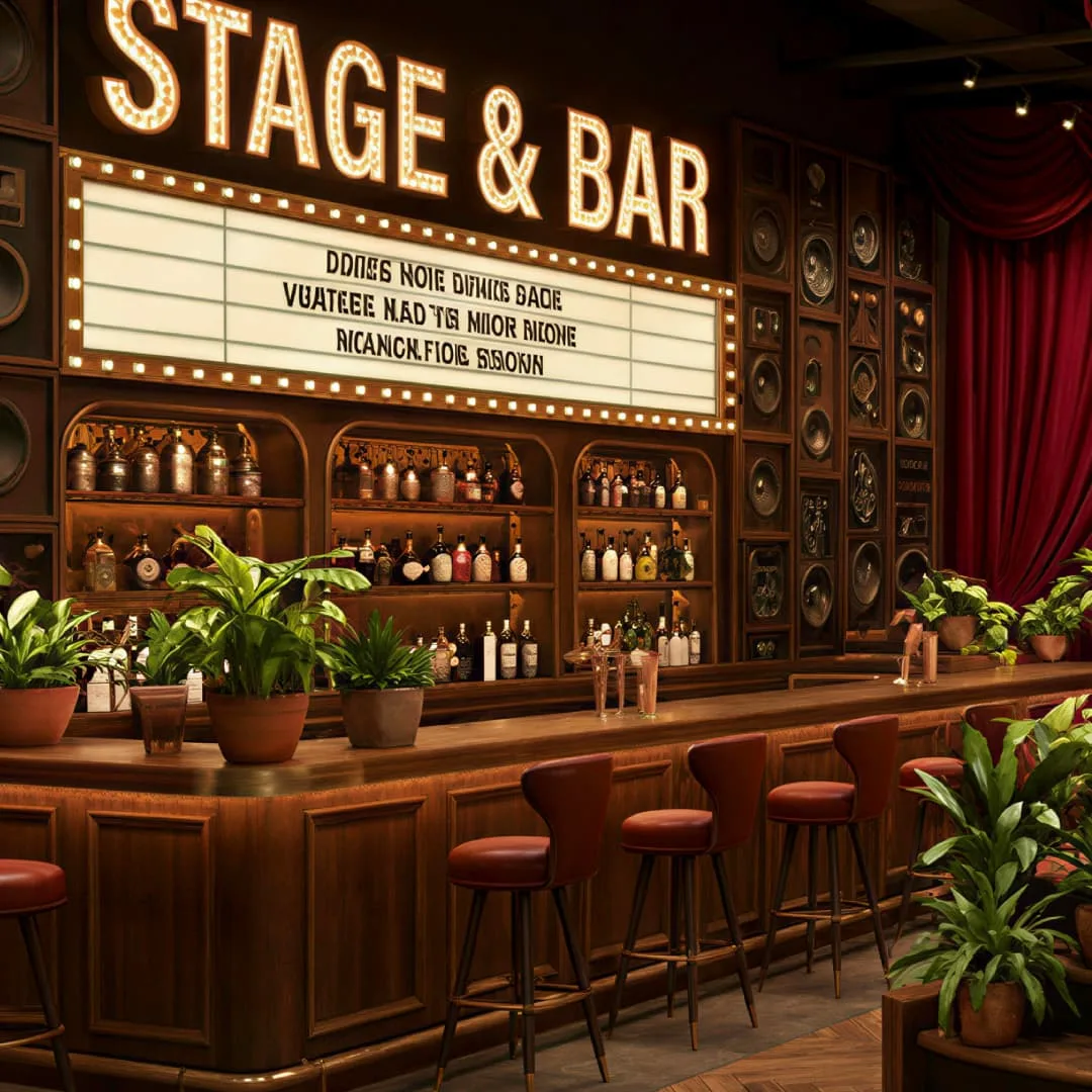 Tavern Design, Bar Displays, Commercial Furniture – Vintage Folk Pub Space Built Around Live Performance for Casual Drinking 
