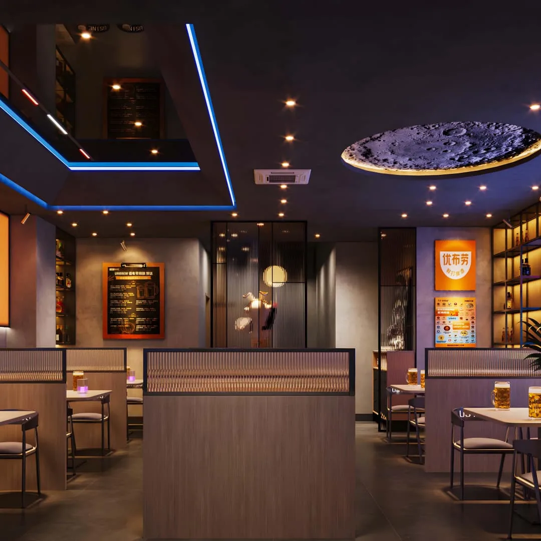 Tavern Design, Bar Displays, Commercial Furniture – Vintage Folk Pub Space Built Around Live Performance for Casual Drinking 