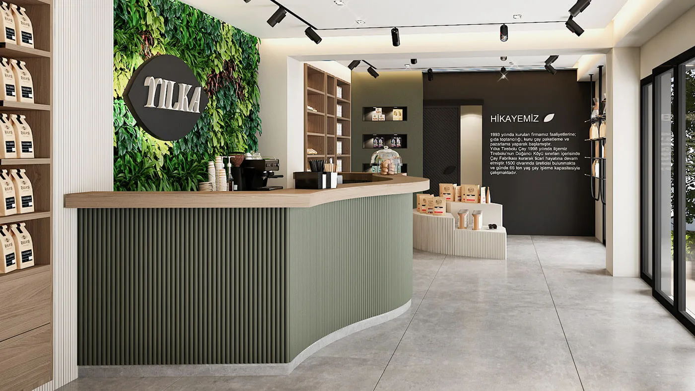 Unique Tea Shop Design with Green Plant Walls Wave Shaped Tea Counter and Wooden Display Cabinets