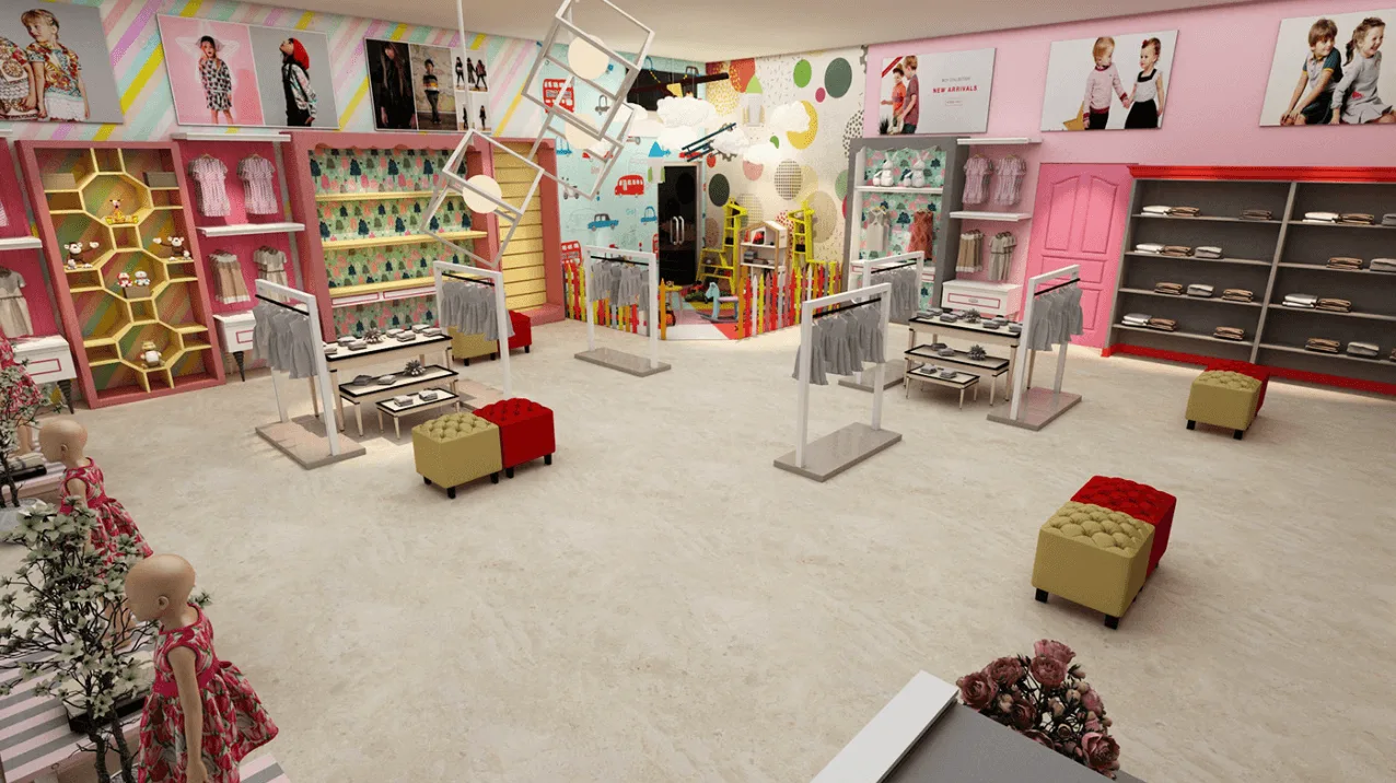 Unique kids clothing store design with funny display showcase design custom color decor for sale