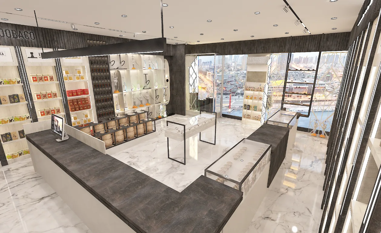 Vape Shop Displays, Interior Design Store Fixtures – Custom smoke shop furniture design with unique vape wall cabinet glass m