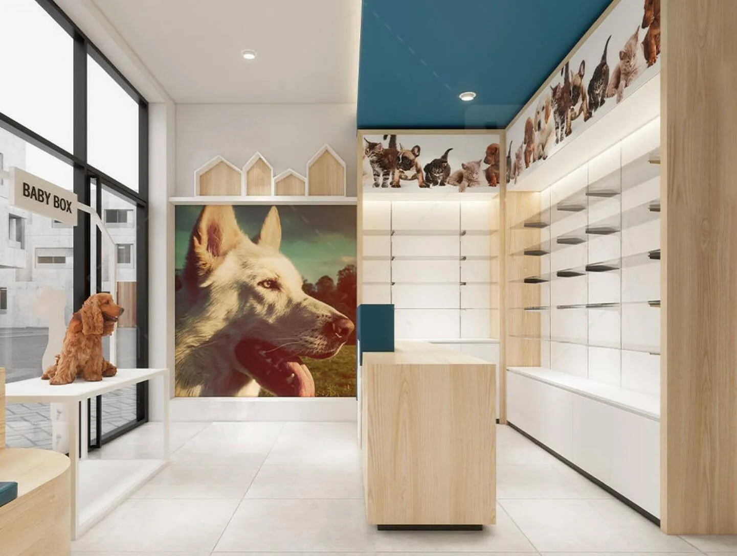 Veterinary Clinic Design, Furniture Construction – Charming Vet Clinic Shop Design Customized Reception Desk with Wood Strip 