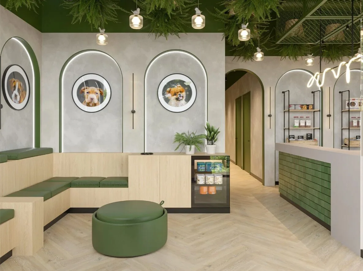 Veterinary Clinic Design, Furniture Construction – Charming Vet Clinic Shop Design Customized Reception Desk with Wood Strip 