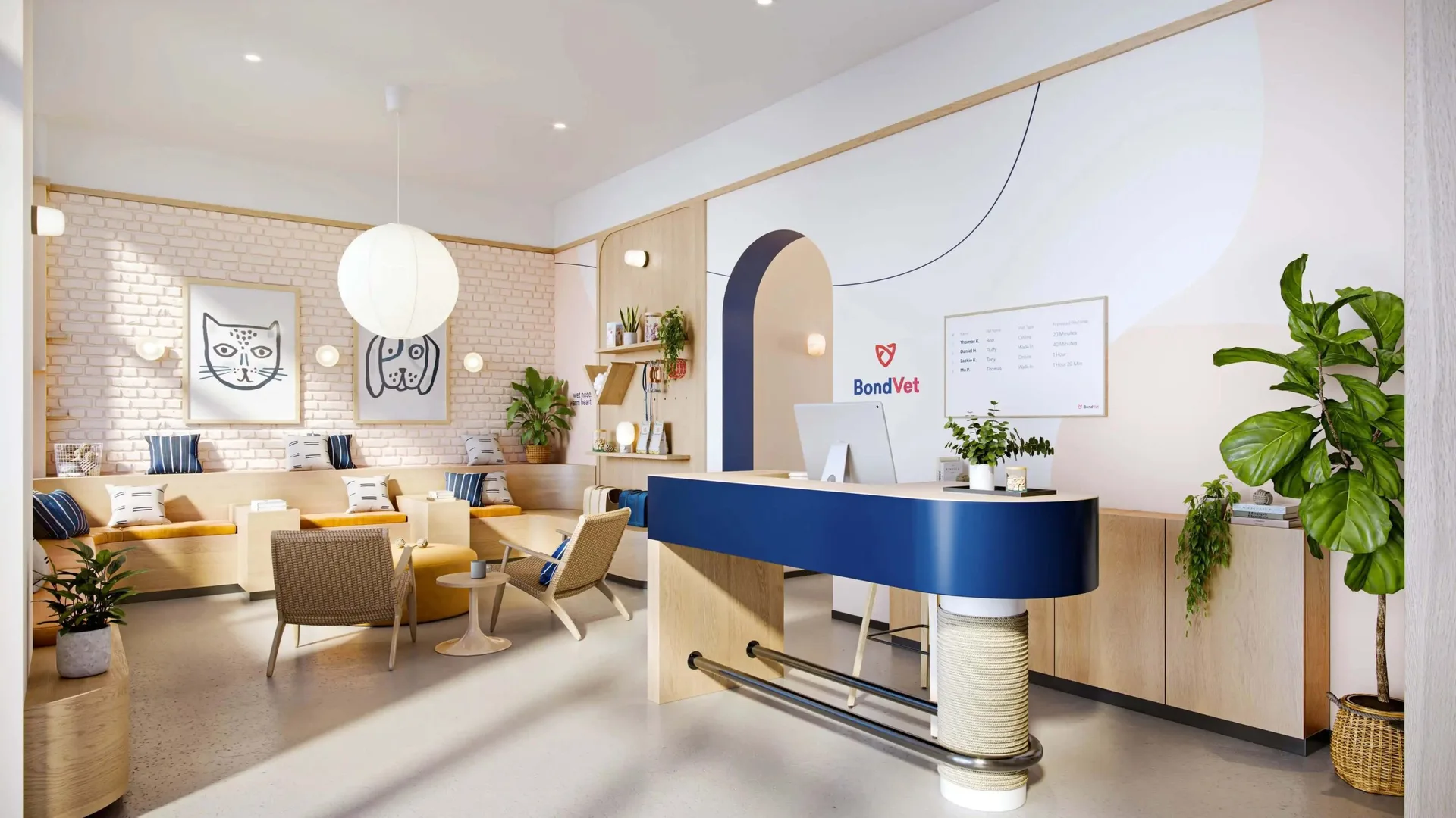 Veterinary Clinic Design, Furniture Construction – Charming Vet Clinic Shop Design Customized Reception Desk with Wood Strip 