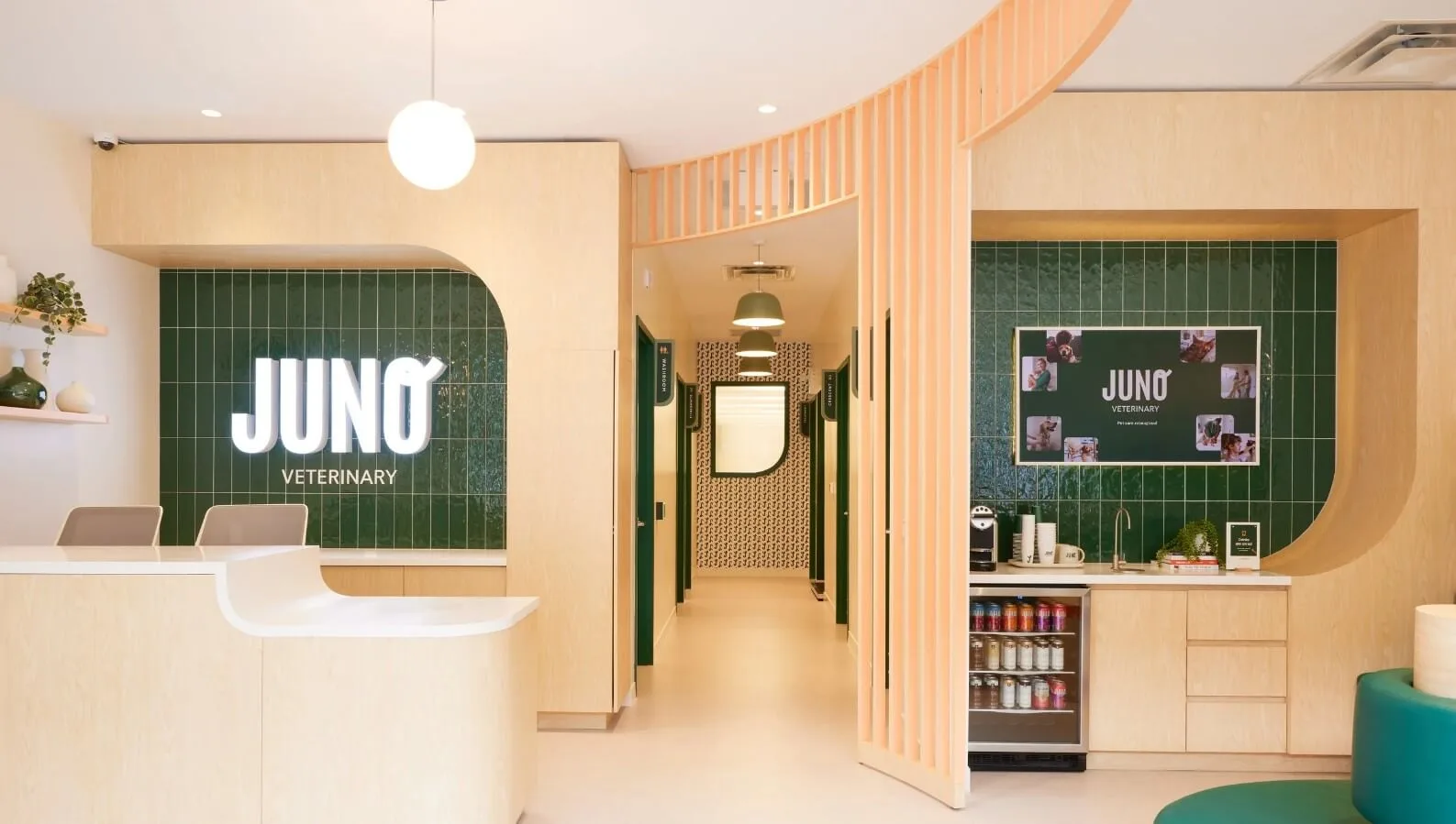 Veterinary Clinic Design, Furniture Construction – Charming Vet Clinic Shop Design Customized Reception Desk with Wood Strip 