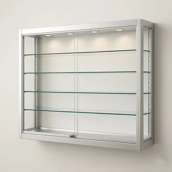 Wall Mounted Aluminum Display Case with Shelves and LED Illumination