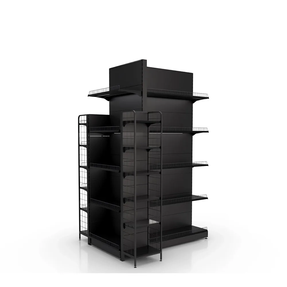 Black metal gondola end-cap shelving with wire side supports