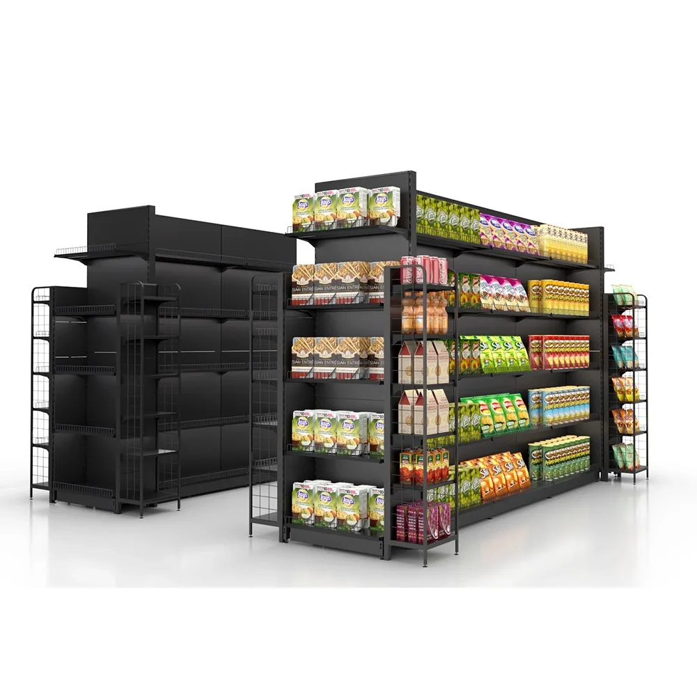 Black supermarket gondola shelving shown empty and stocked with packaged goods
